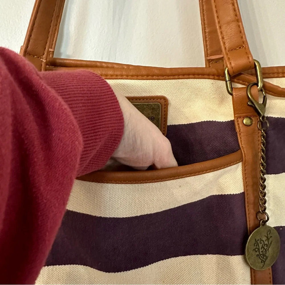 Younique Beach Style Purple & Tan Stripe Canvas Tote Bag GUC - Picture 5 of 8